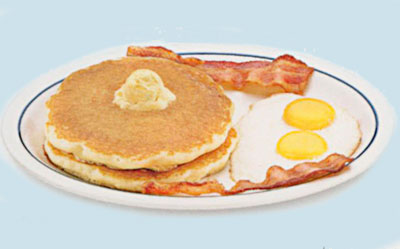 2 x 2 x 2Two eggs. 2 bacon strips or 2 pork sausage links, 2 buttermilk pancakes